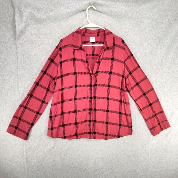 Soma Button Down Pajama Top Womens Sz XL Red Black Cool Nights Notch Long Sleeve - Picture 1 of 12
